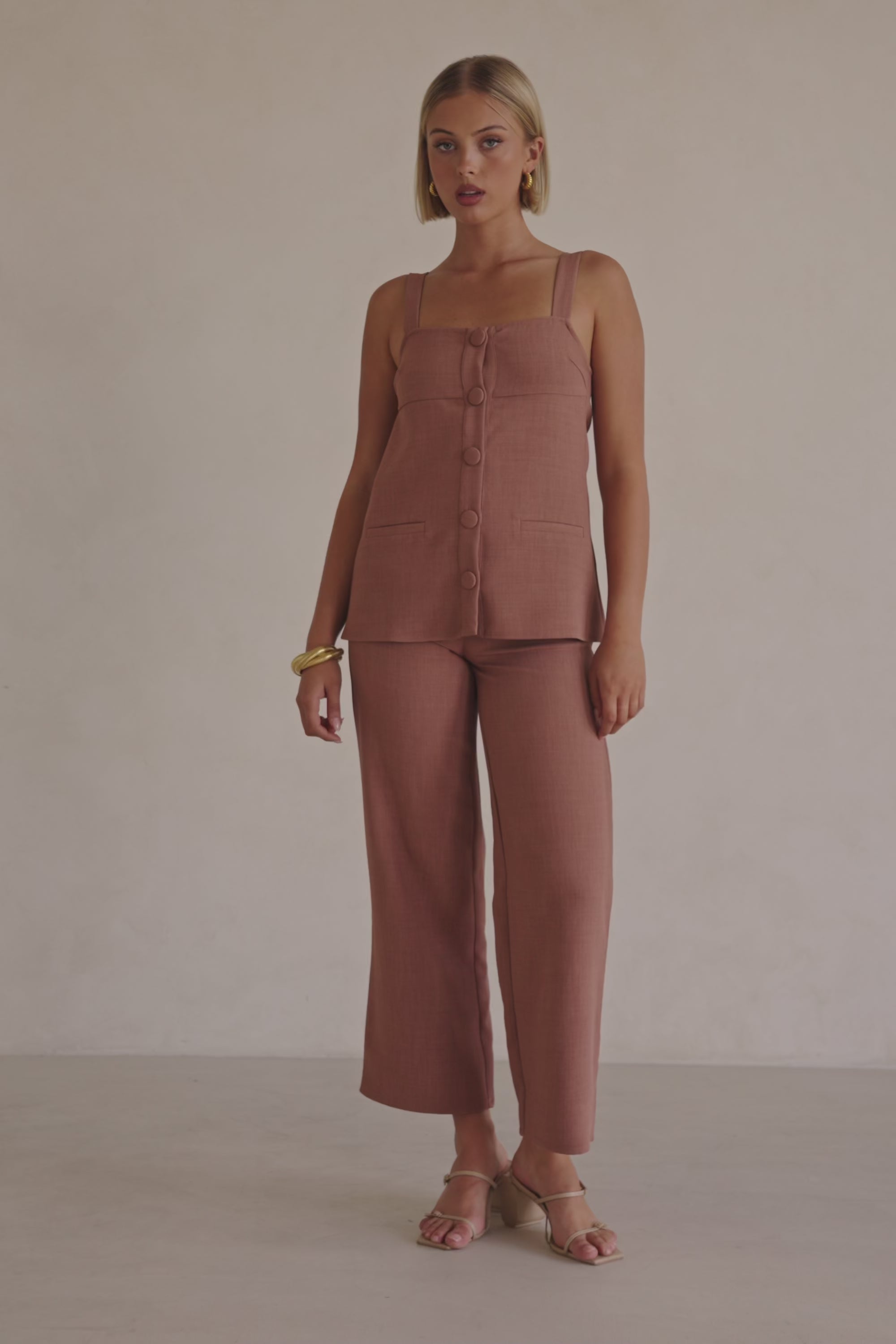 Tan Structured Button Up Raven Top