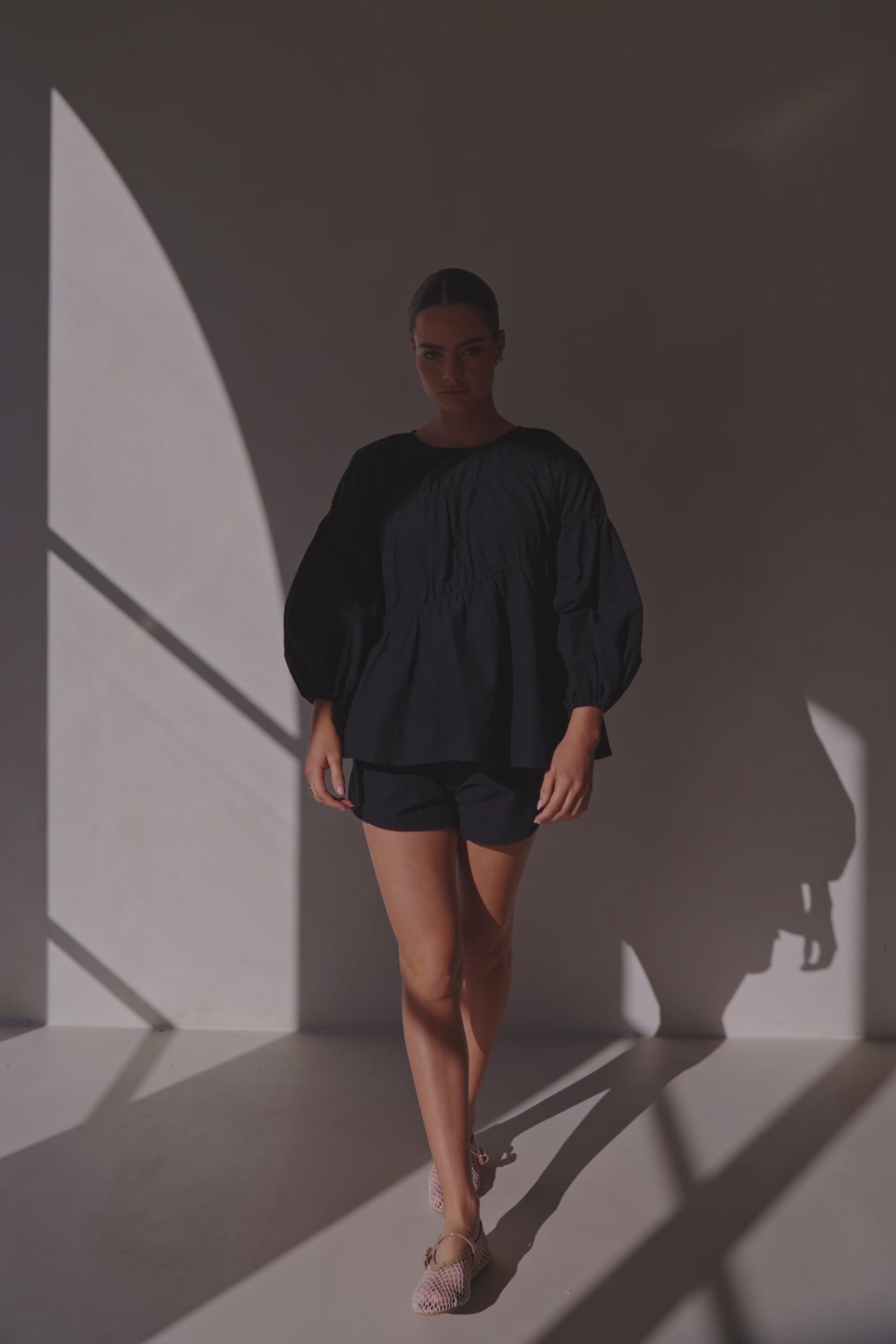 Black Long Sleeve Panelled Flounce Akel Top