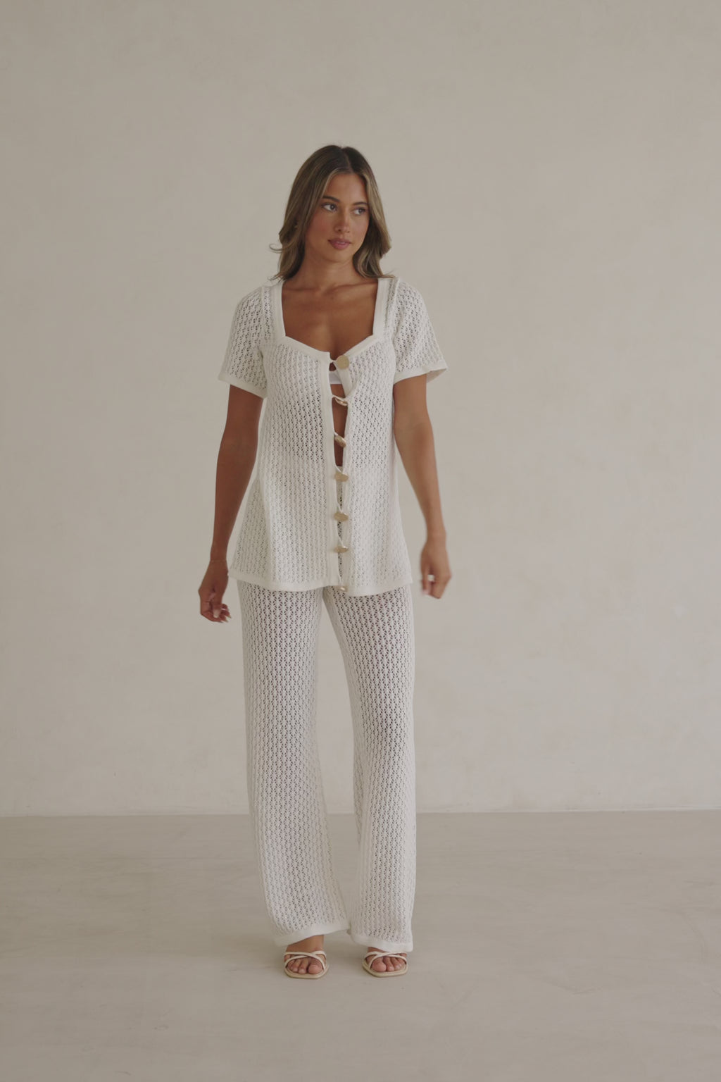 White Crochet Knit Button Up Milana Top