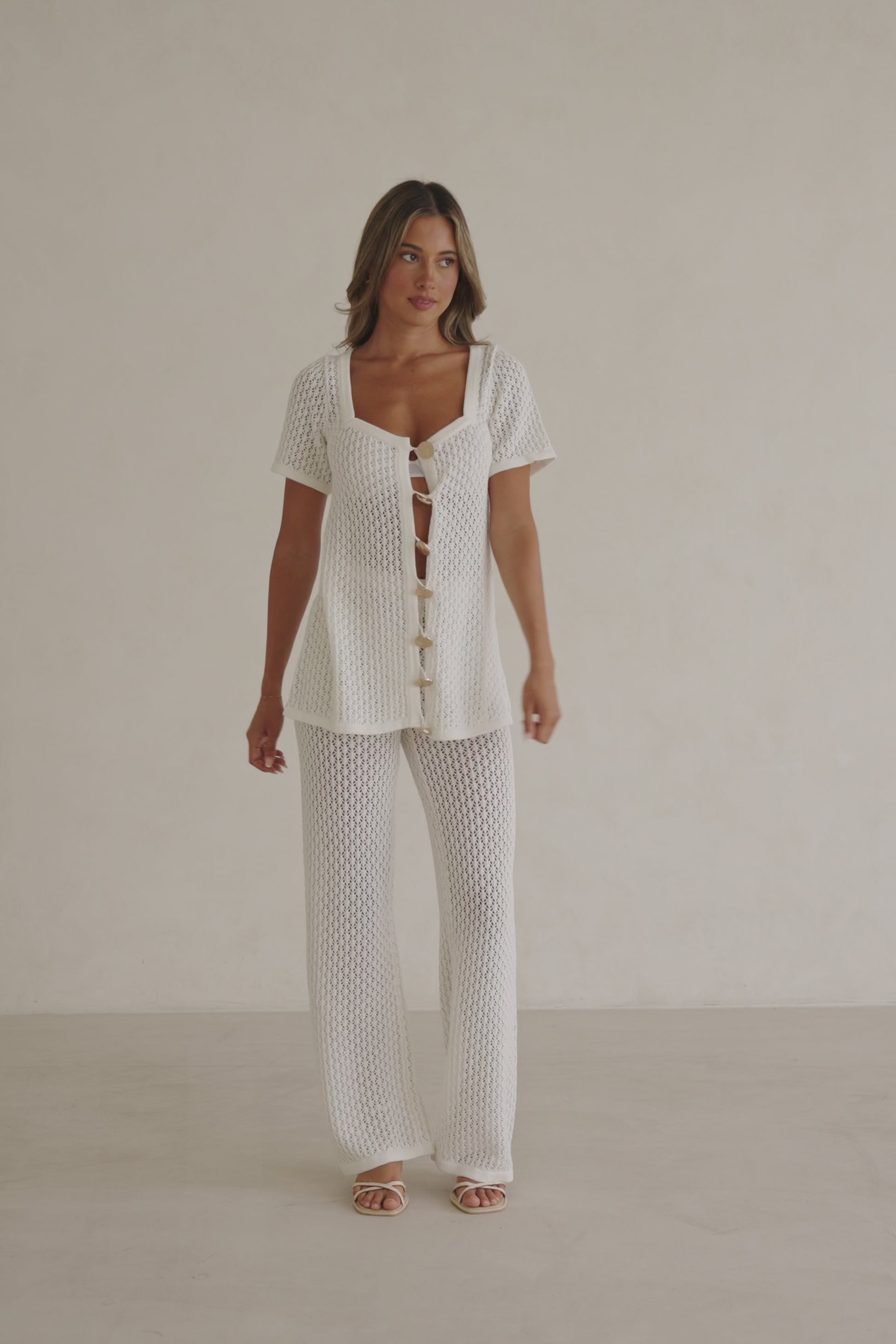 White Crochet Knit Button Up Milana Top