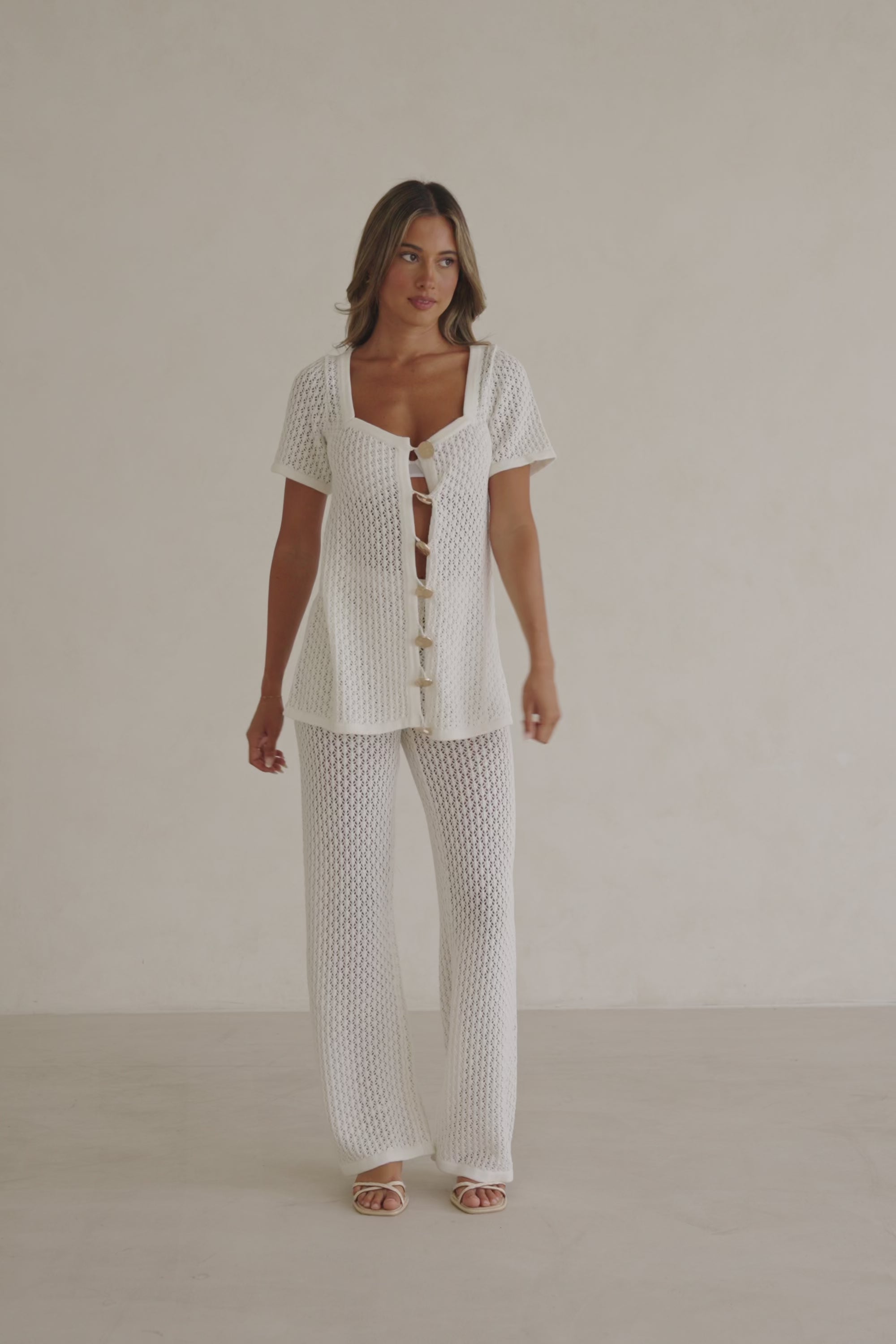 White Crochet Knit Button Up Milana Top