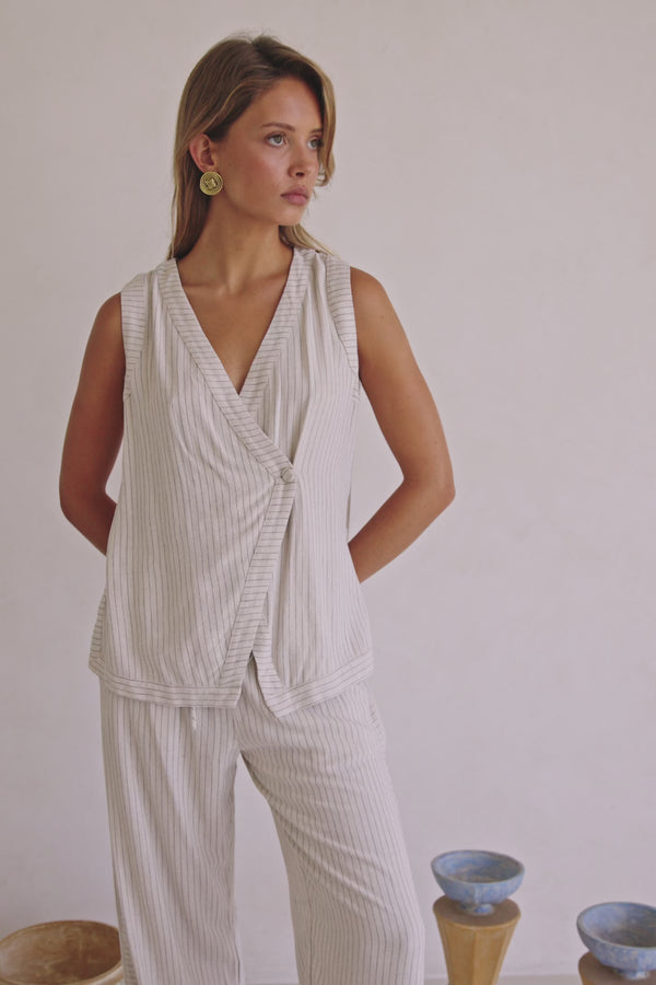 Cream and Black Pinstripe Wrap Capri Top