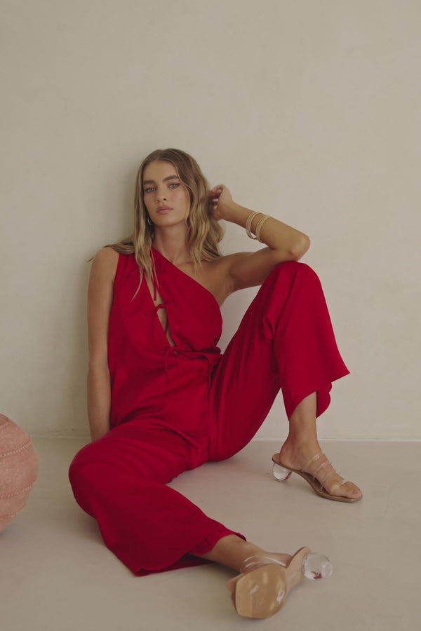 Red Backless One-Shoulder Front Tie Natalie Jumpsuit