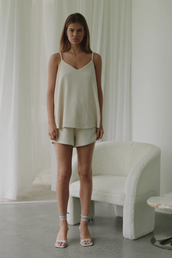 Beige V Neck Adjustable Strap Boston Top