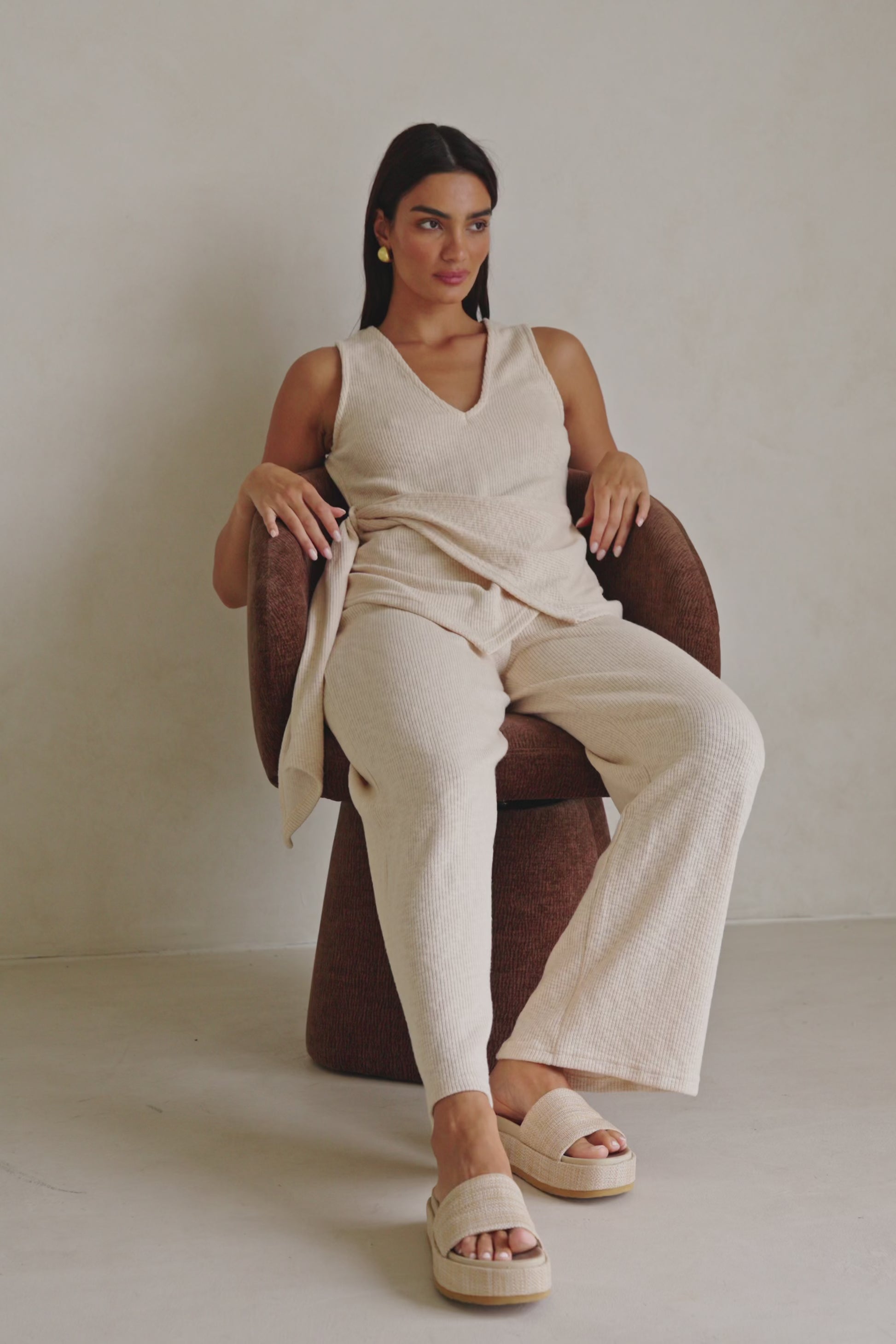 Beige Ribbed High Waist Liora Pants