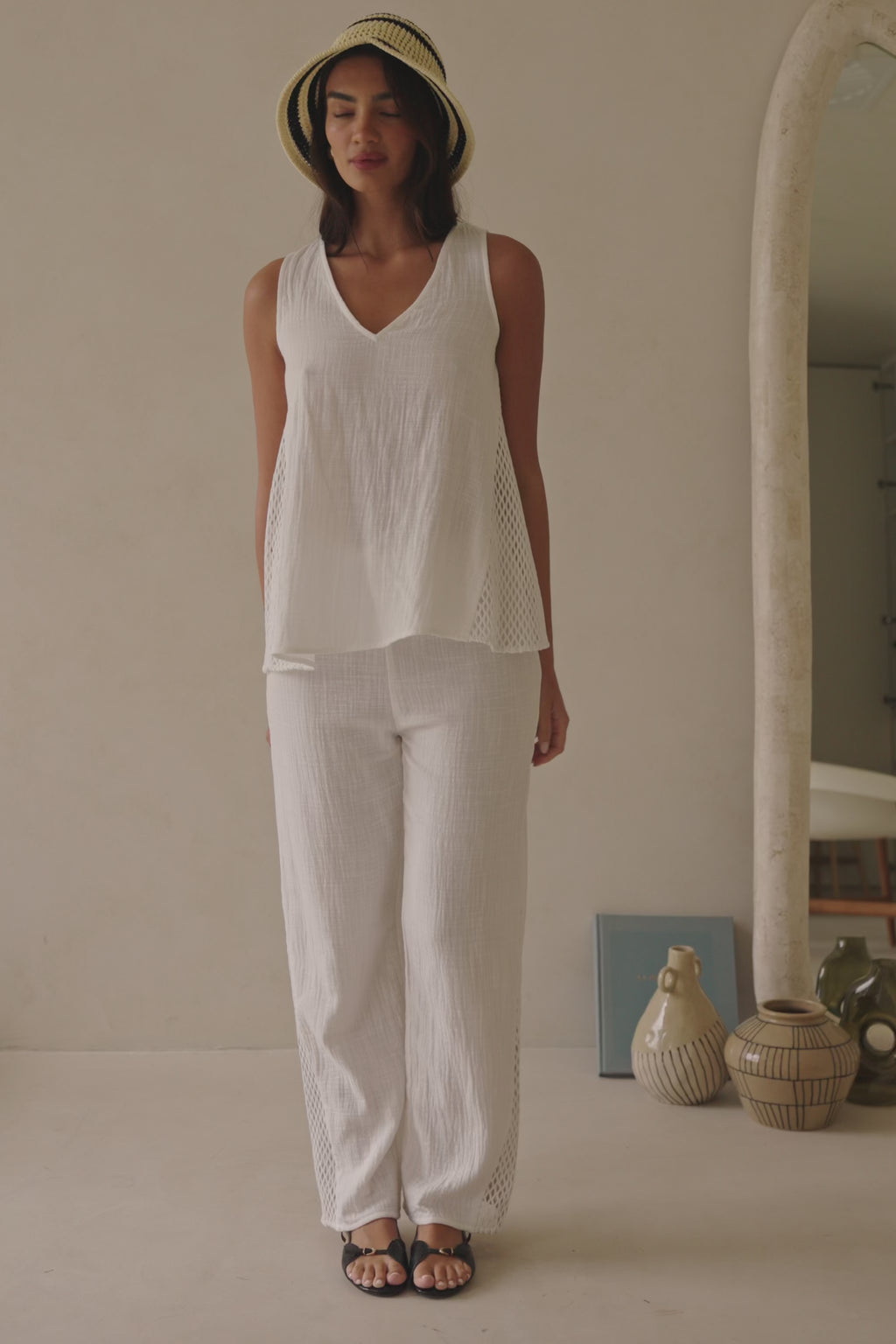 White Elastic Drawstring Relaxed Ditta Pants