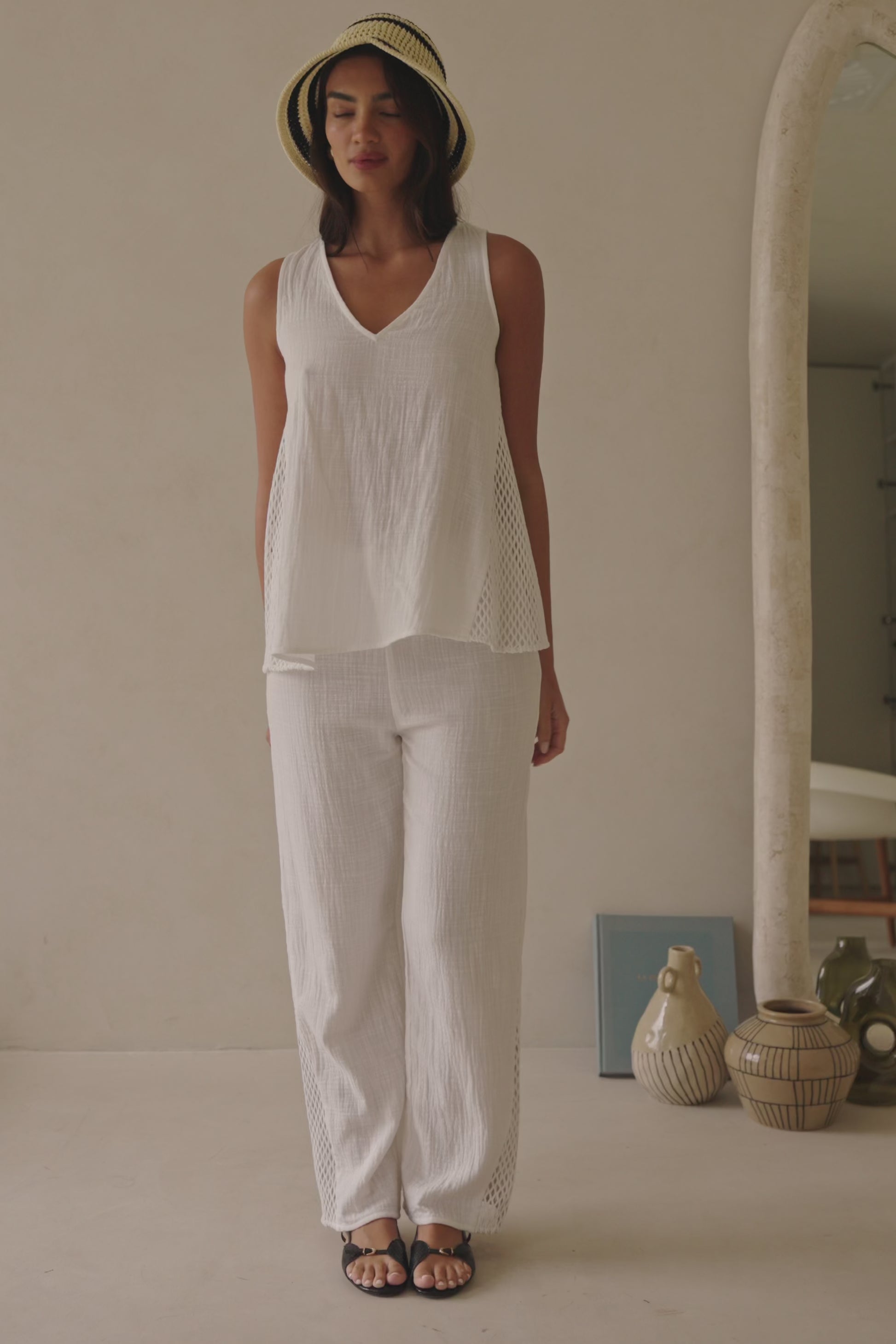 White Elastic Drawstring Relaxed Ditta Pants