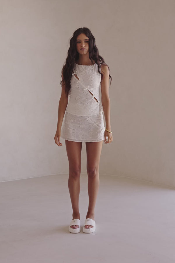 White Broderie Boat Neck Bow Freya Top