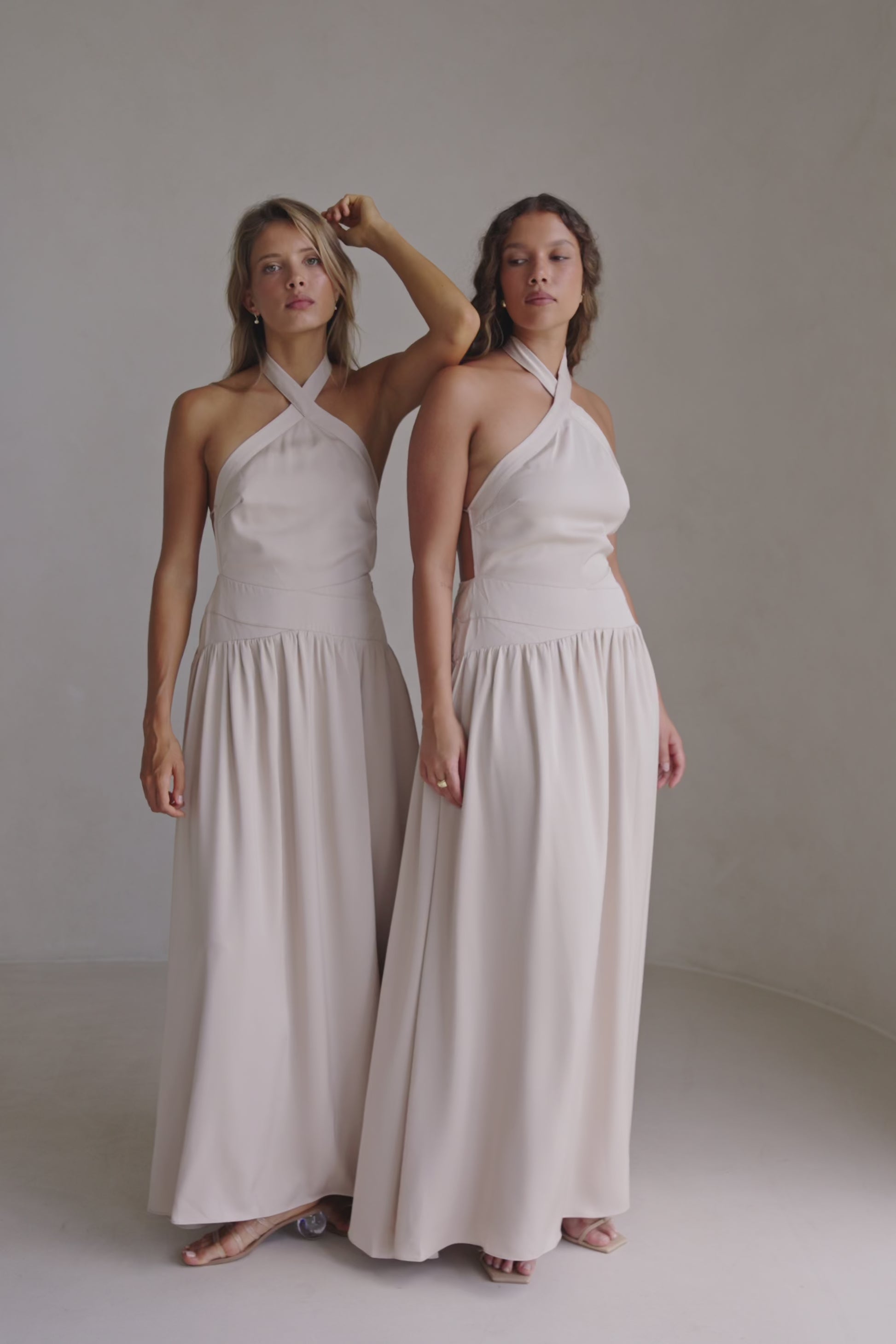 Beige Silky Halter Maxi Rani Dress