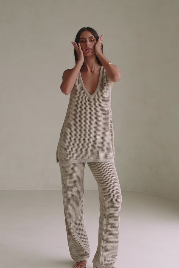 Beige Knit Elastic High Waist Ailish Pants