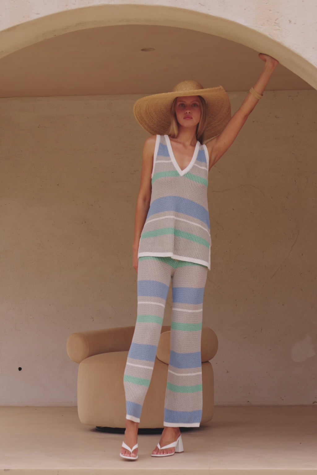 Grey Stripe Knit High Waist Elastic Astea Pants