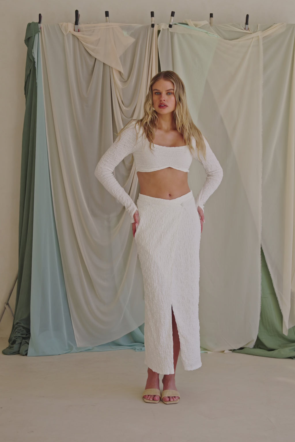 White Crinkle Long Sleeve Conturing Cropped Charlize Top