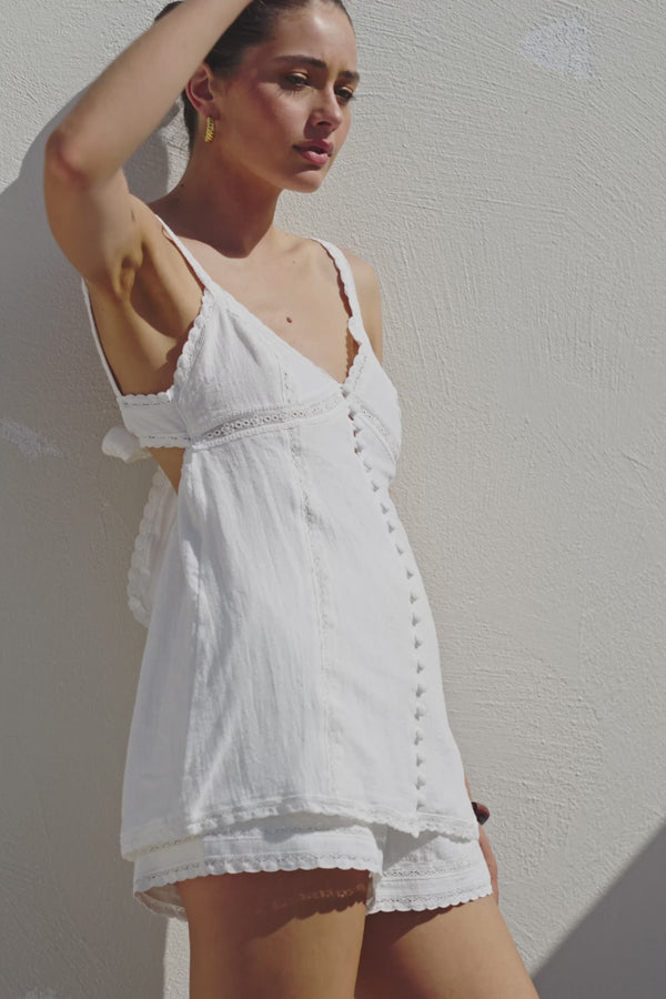 White Lace Backless Strappy Button Up Aviva Top