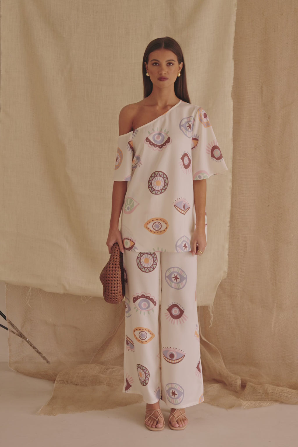 Cream Matia Print Off Shoulder Grace Top