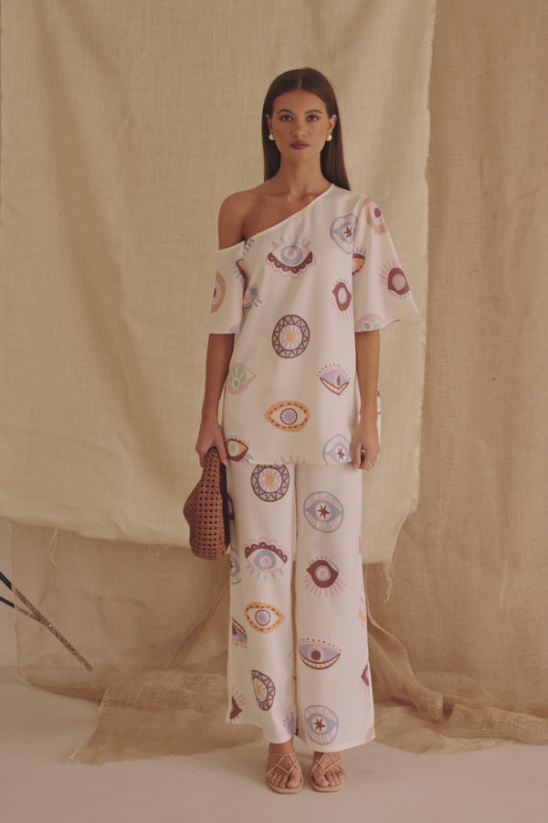 Cream Matia Print Off Shoulder Grace Top