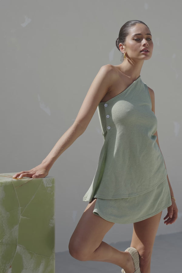 Dion One Shoulder Button Split Top - Green