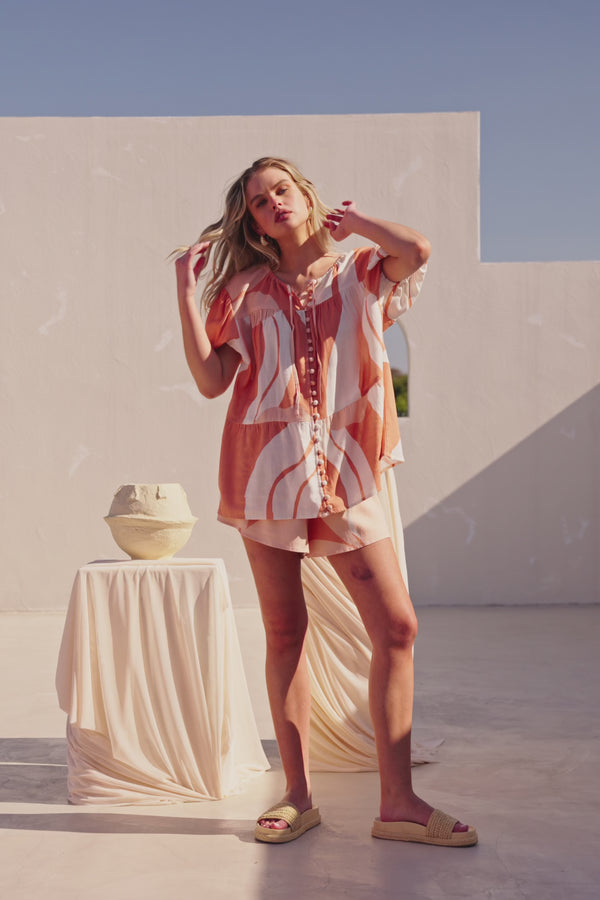 Peach Solanto Print Button Puff Sleeve Ales Top