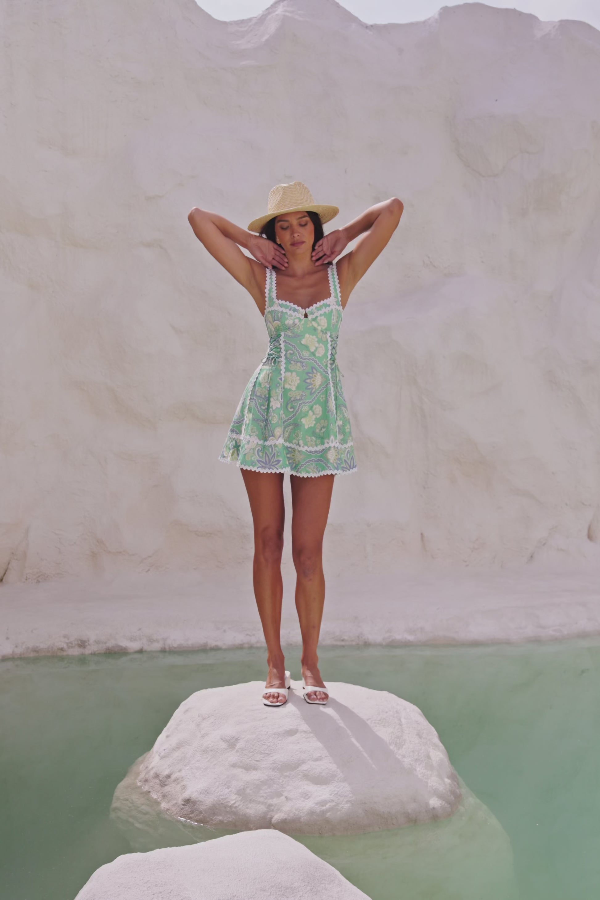 Green Floral Heritage Print Lace Up Mini Emilia Dress