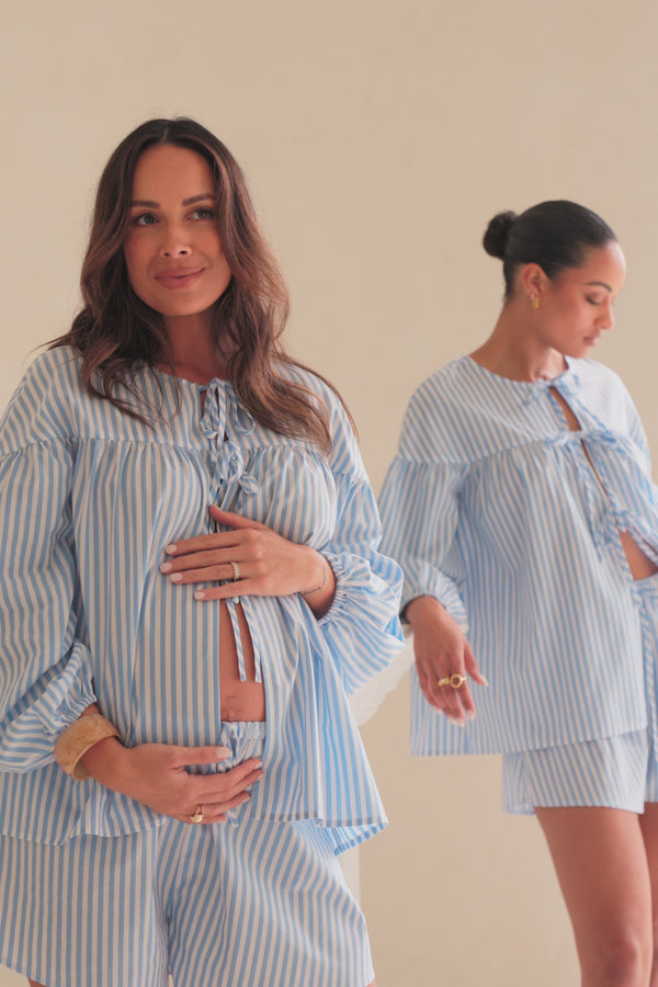Pennie Long Sleeve Tie Top - Blue, White Stripe