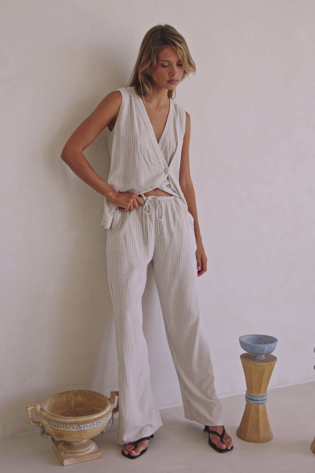 Cream and Black Pinstripe Drawstring Capri Pants