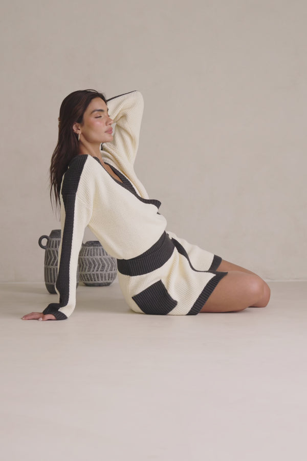 Vander Long Sleeve Mini Knit Dress - Cream, Black