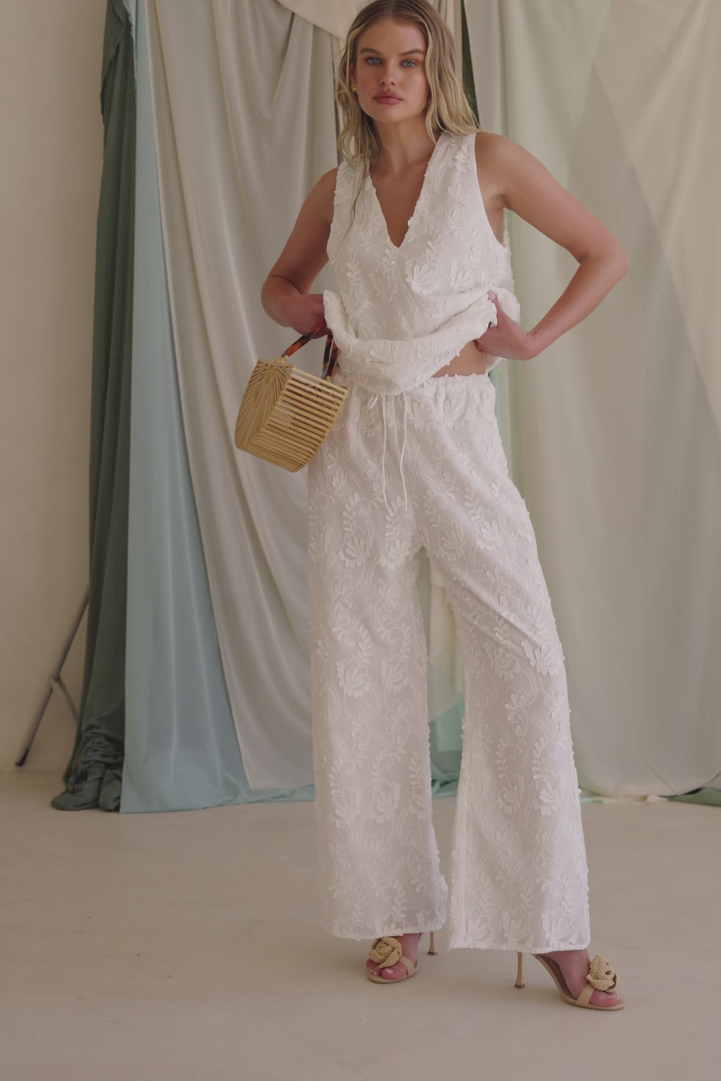 White Leafy Motif High Waist Cambria Pants