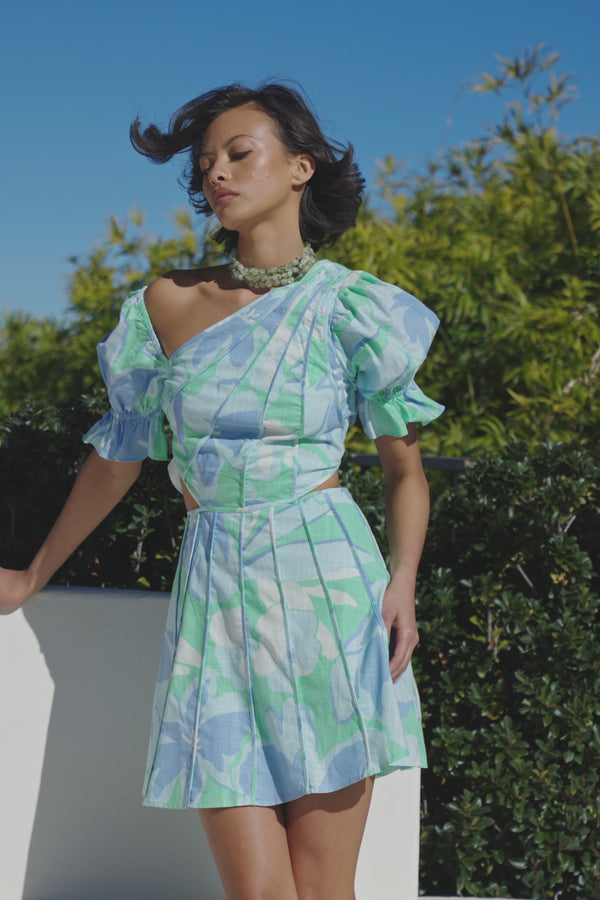 Blue Spring Petals Puff Sleeve Mini Jonty Puff Dress