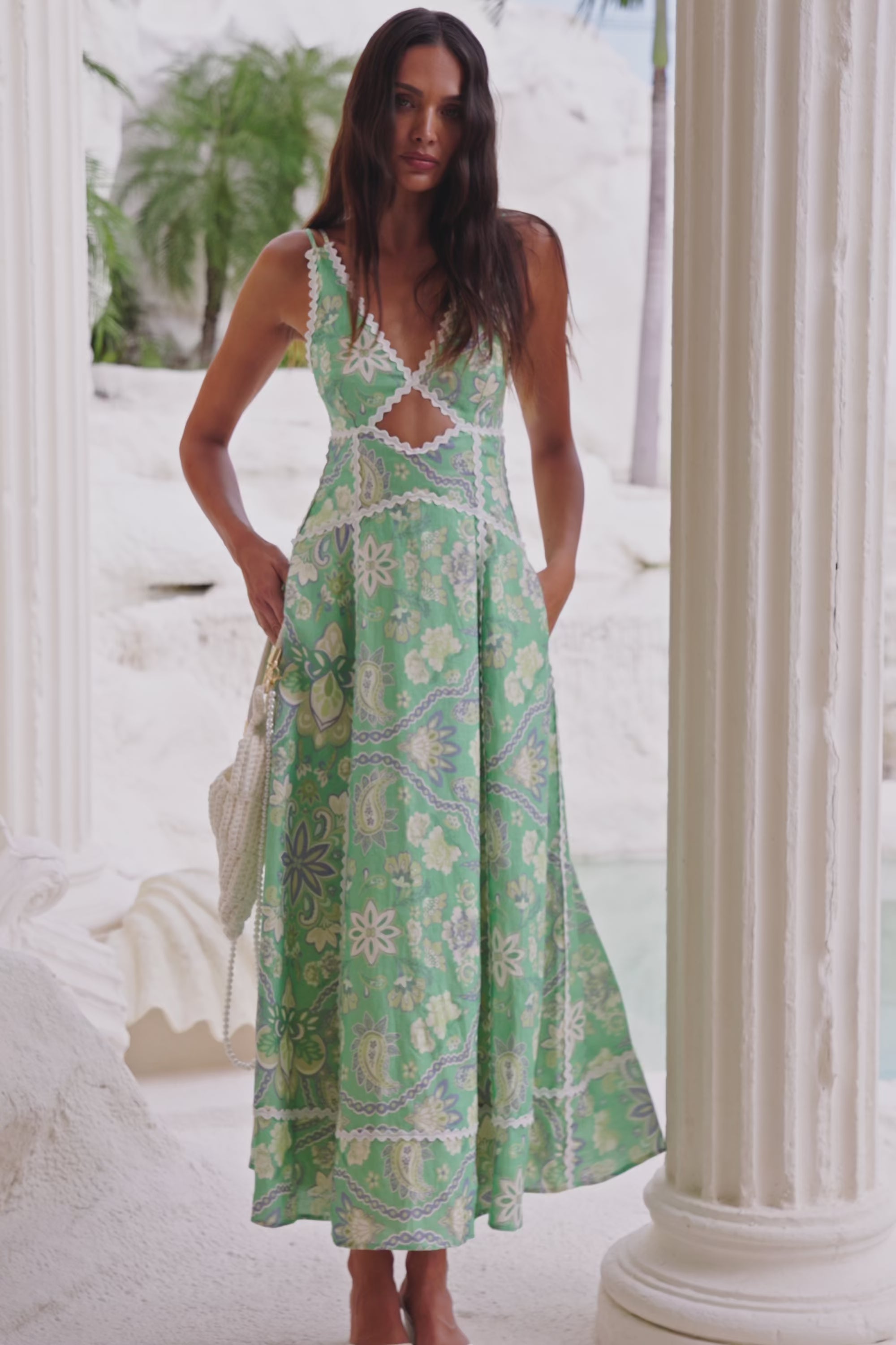 Green Floral Heritage Print V Neck Maxi Evia Dress