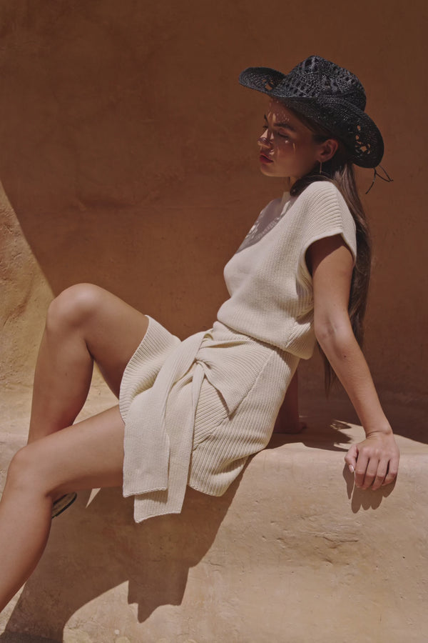 Beige Cotton Knit Draped Mini Lovina Dress