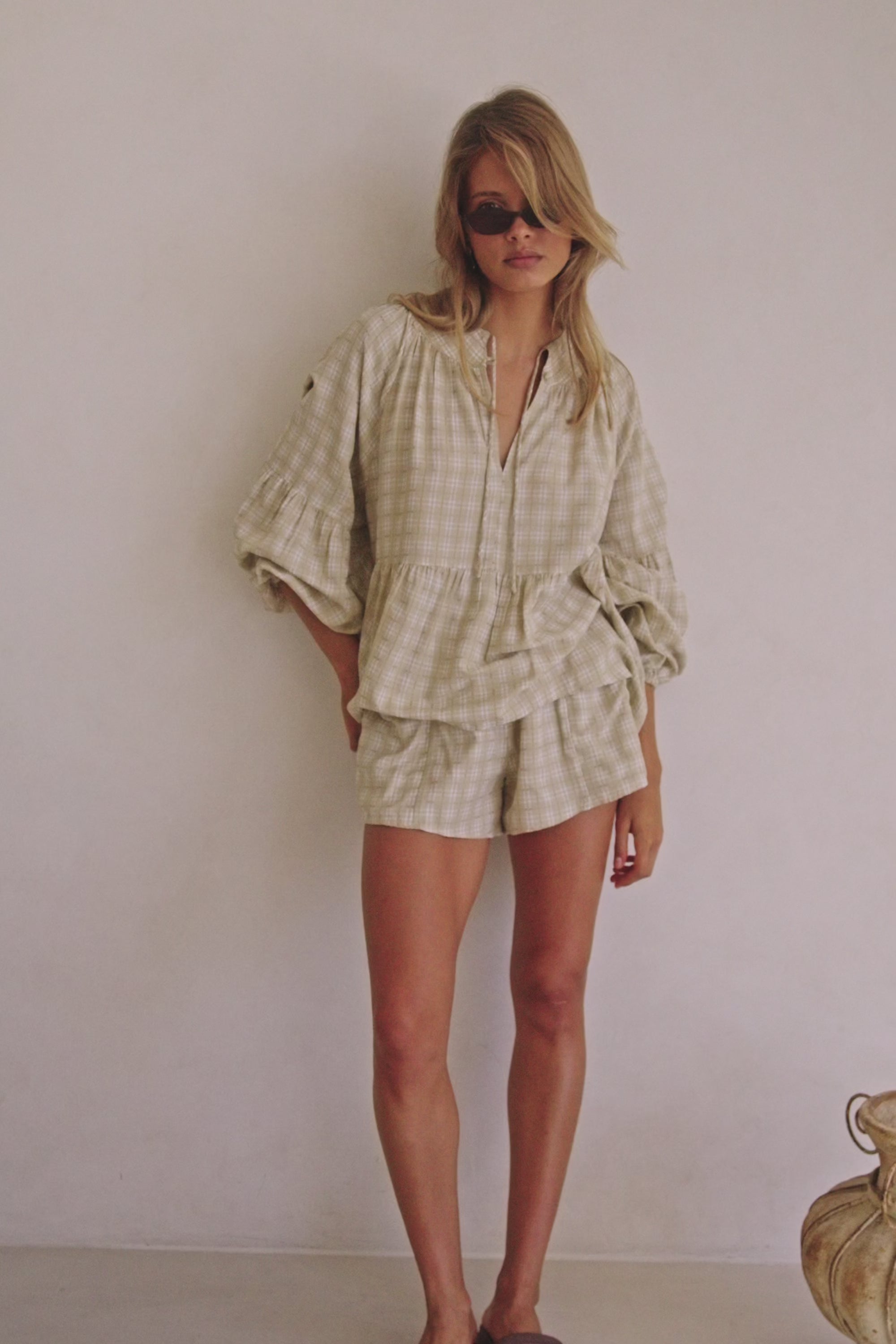 Khaki Gingham Flouncy Puff Sleeve Rylia Top