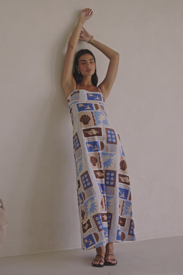 Blue Solis Print Strappy A-Line Maxi Giorgia Dress