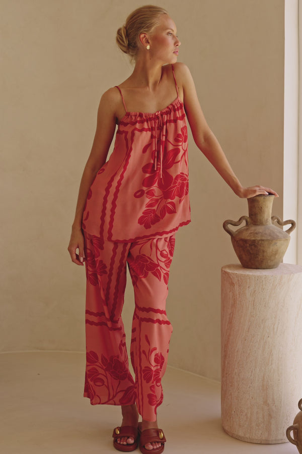 Alani Elasticated Tie Pants - Fiore Postcard Print in Coral Pink and Red