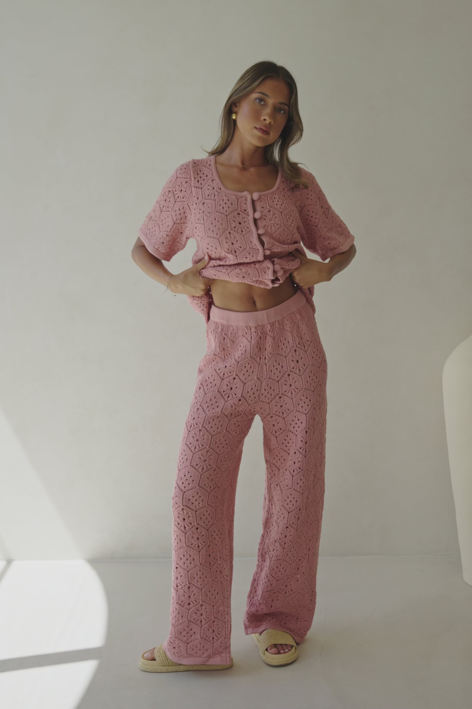 Blush Pink Crochet Knit Umiko Pants