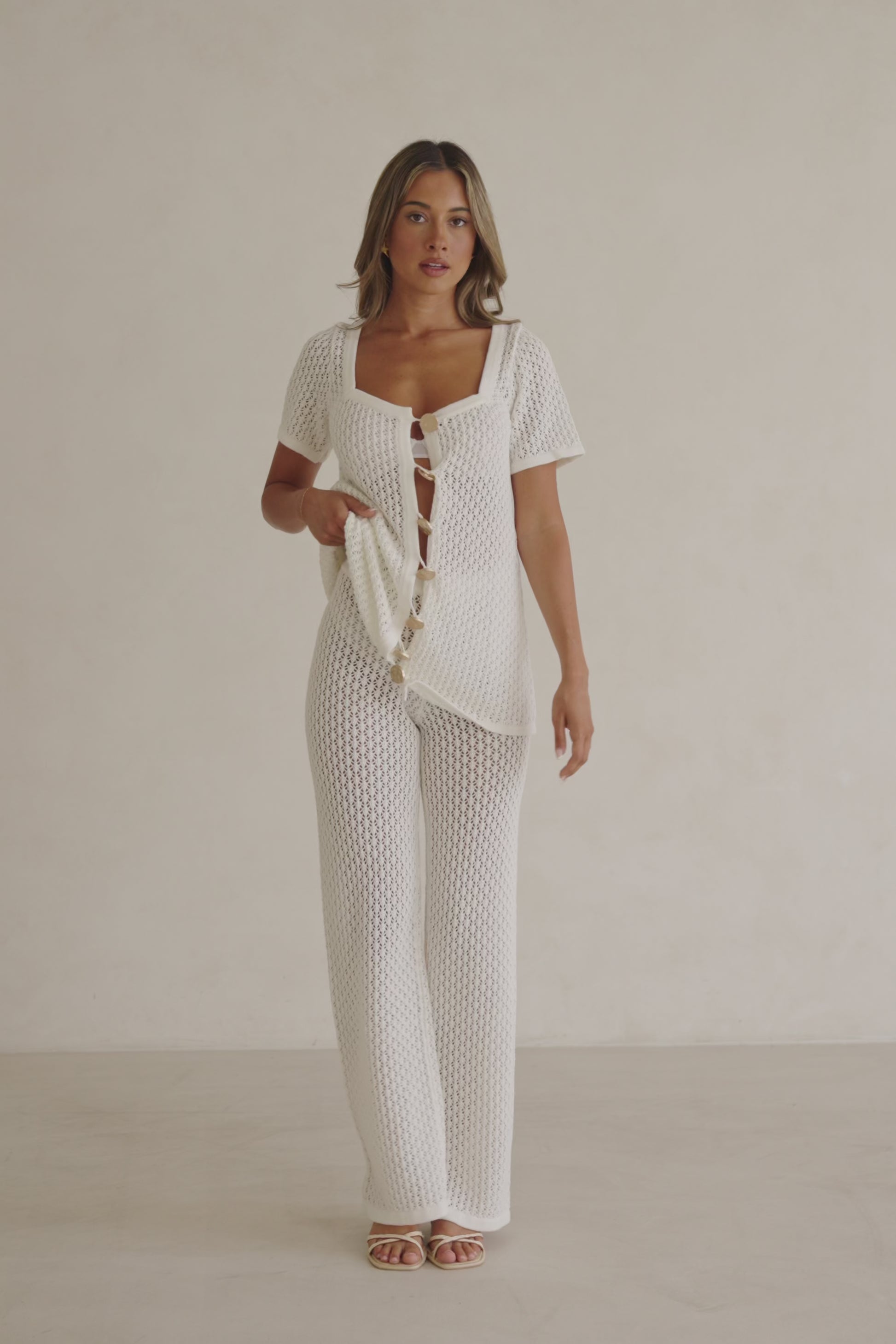 White Crochet Knit high Waist Milana Pants