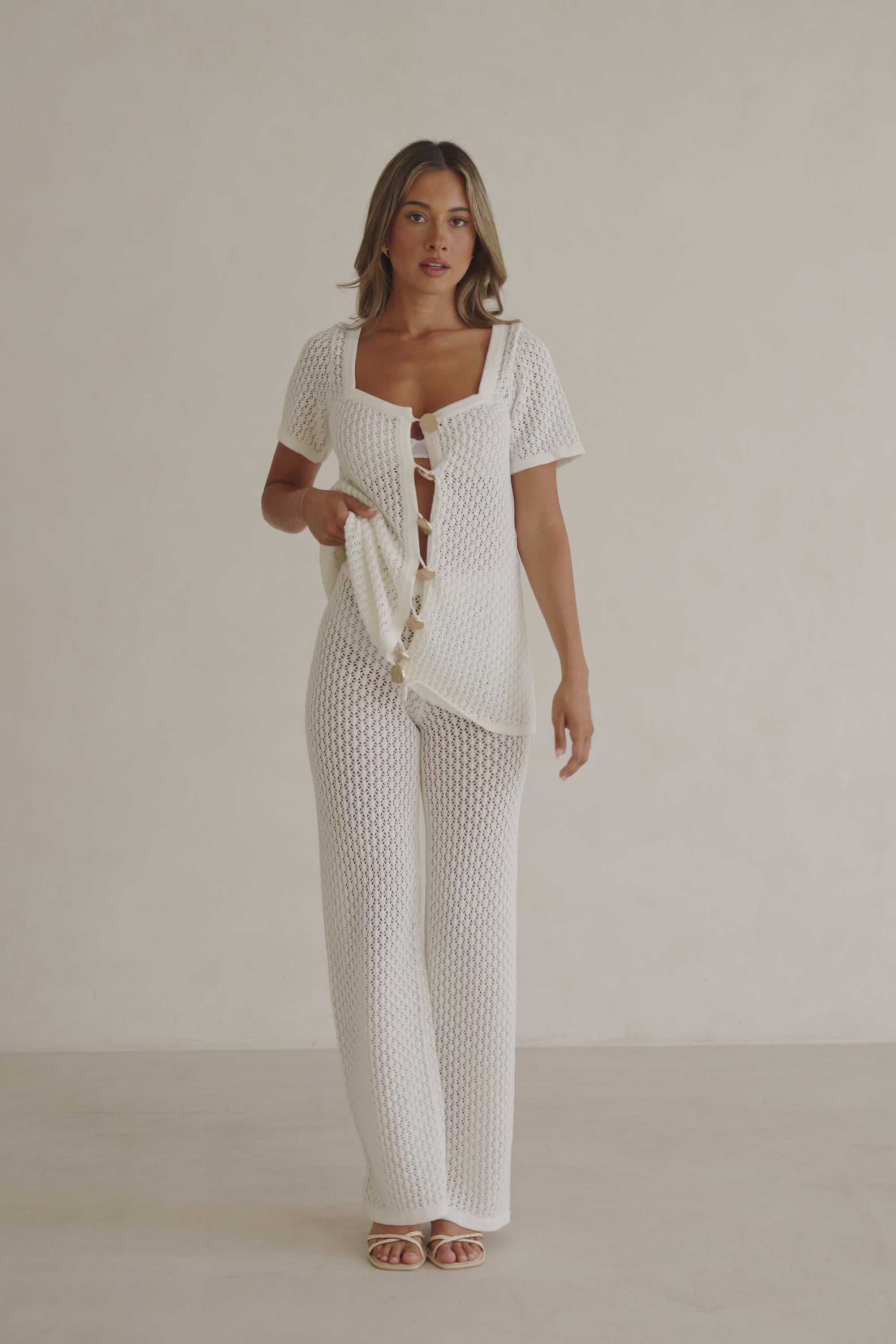 White Crochet Knit high Waist Milana Pants