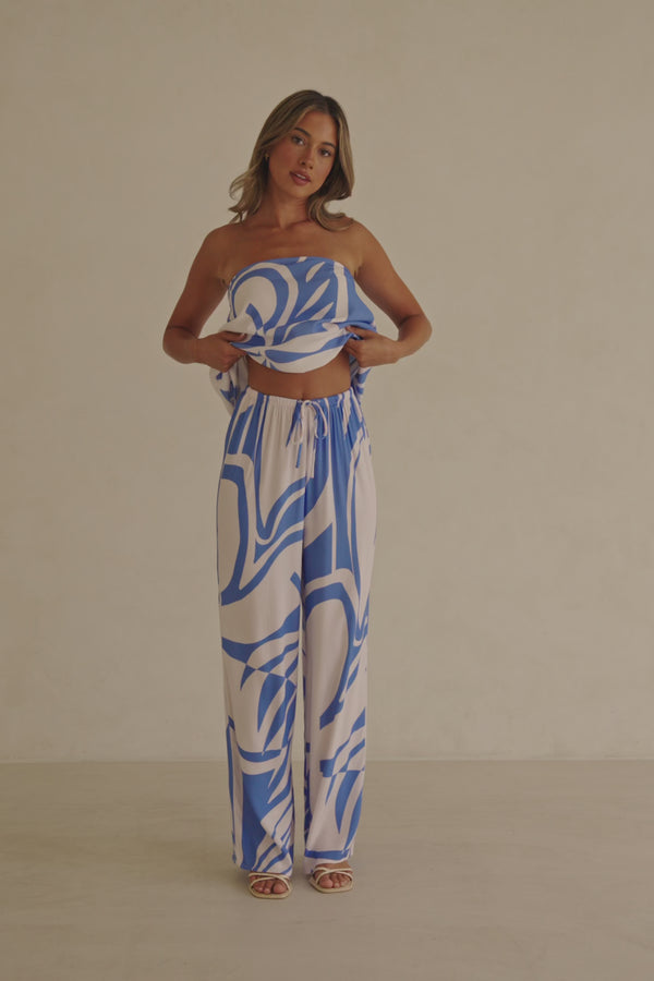 Palm Blue Print Elastic Drawstring Alma Pants