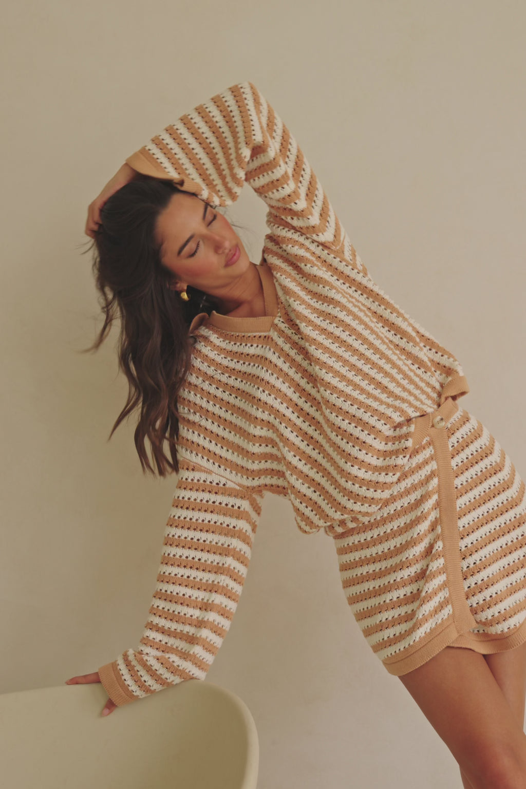 Bryn Stripe Long Sleeve Collared Knit Top - Orange, White