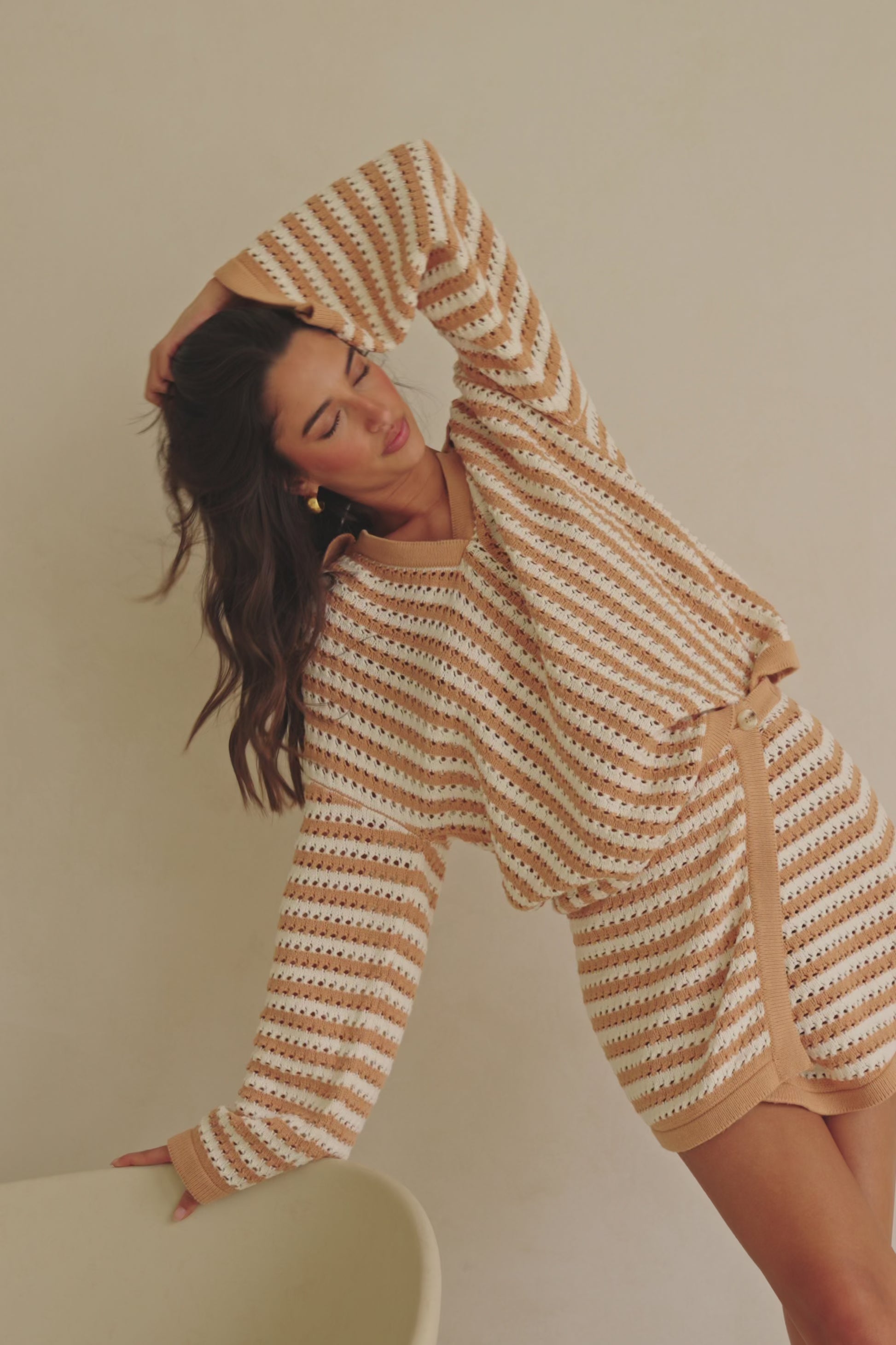 Bryn Stripe Long Sleeve Collared Knit Top - Orange, White