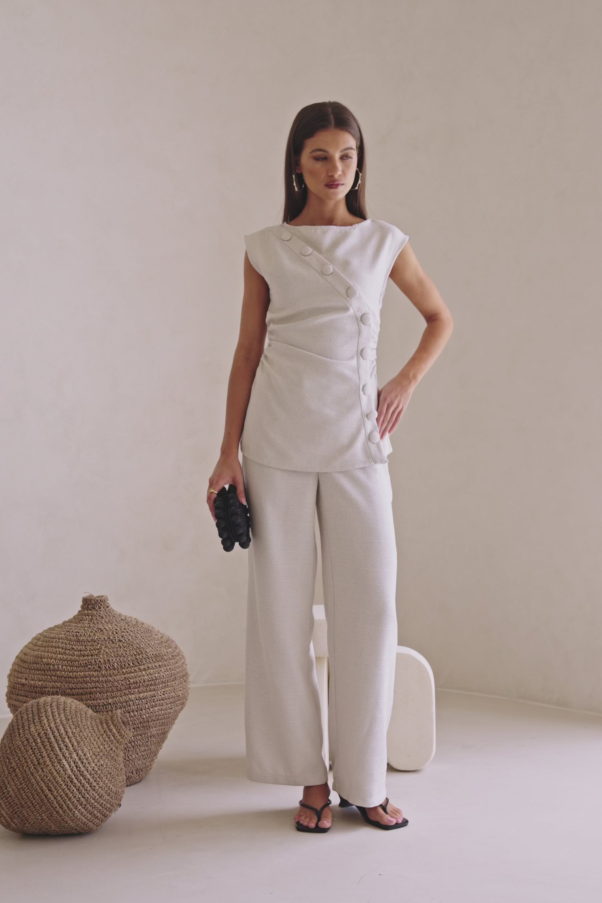 Beige Button Gathered Azul Top