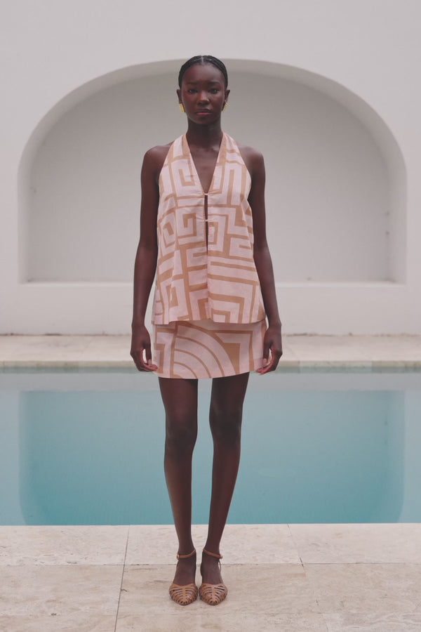 Pink Hellenic Maze Backless V-Neck Halter Mini Alora Dress