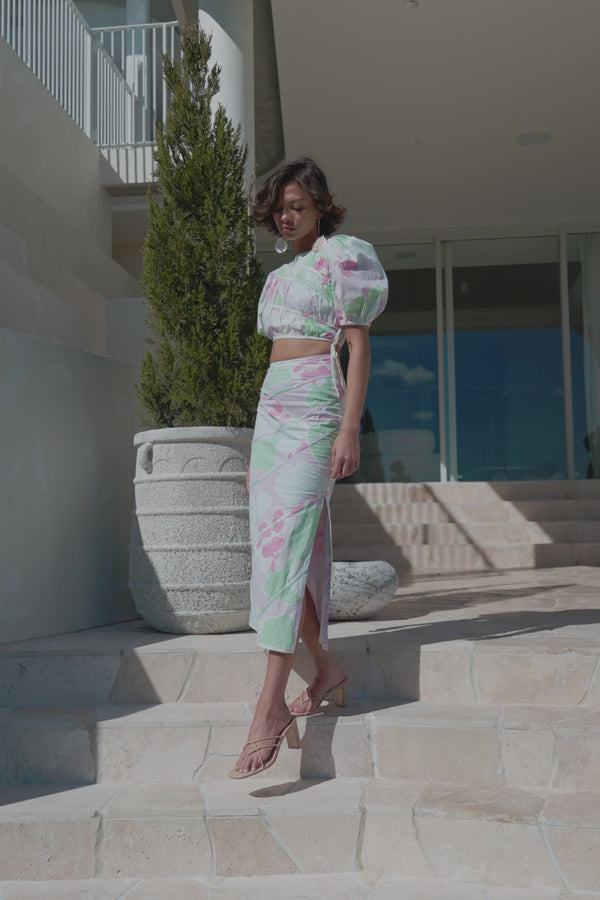 Elika Midi Split Skirt - Misty Floral Pink Purple Green
