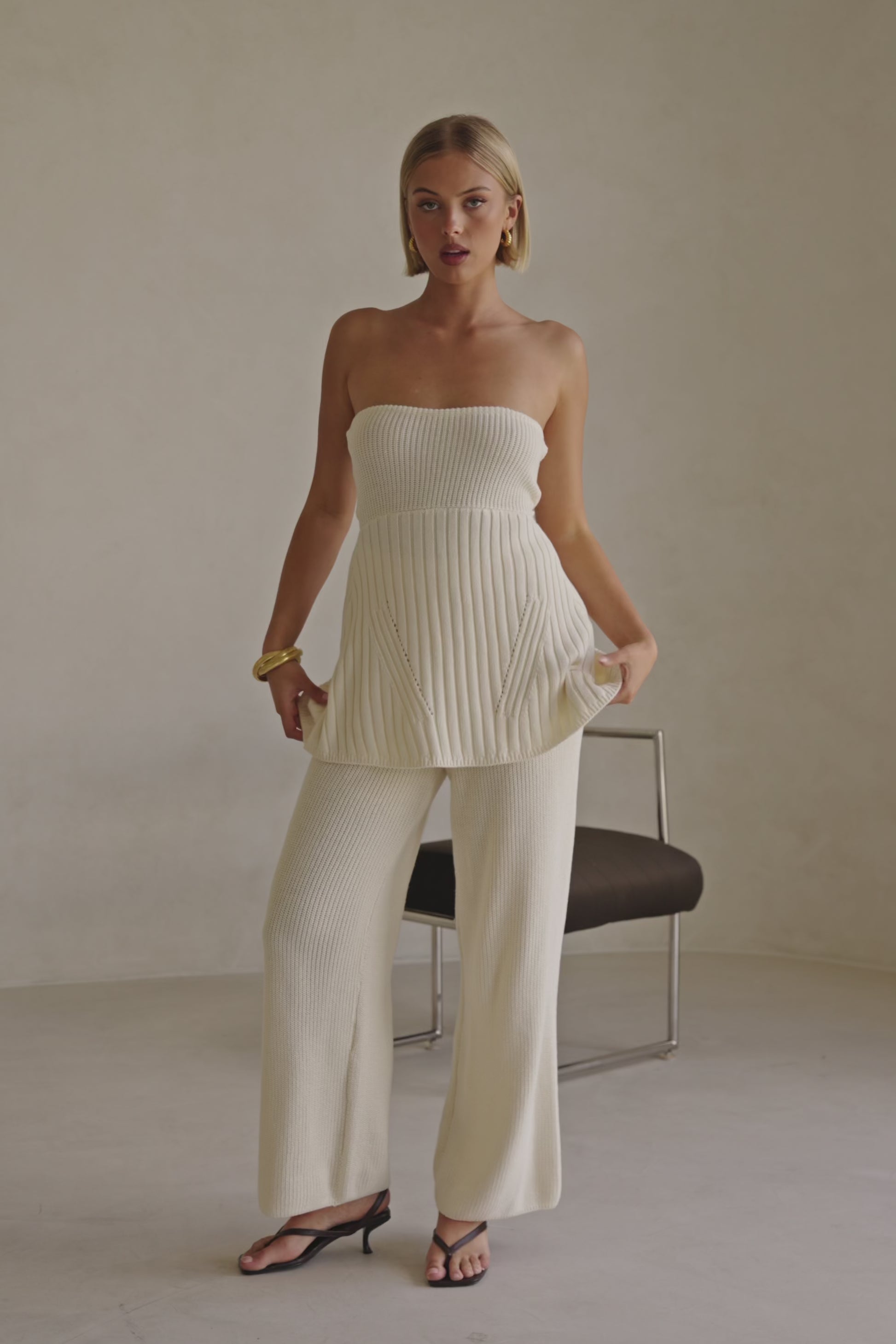 Cream Ribbed Strapless Alice Top