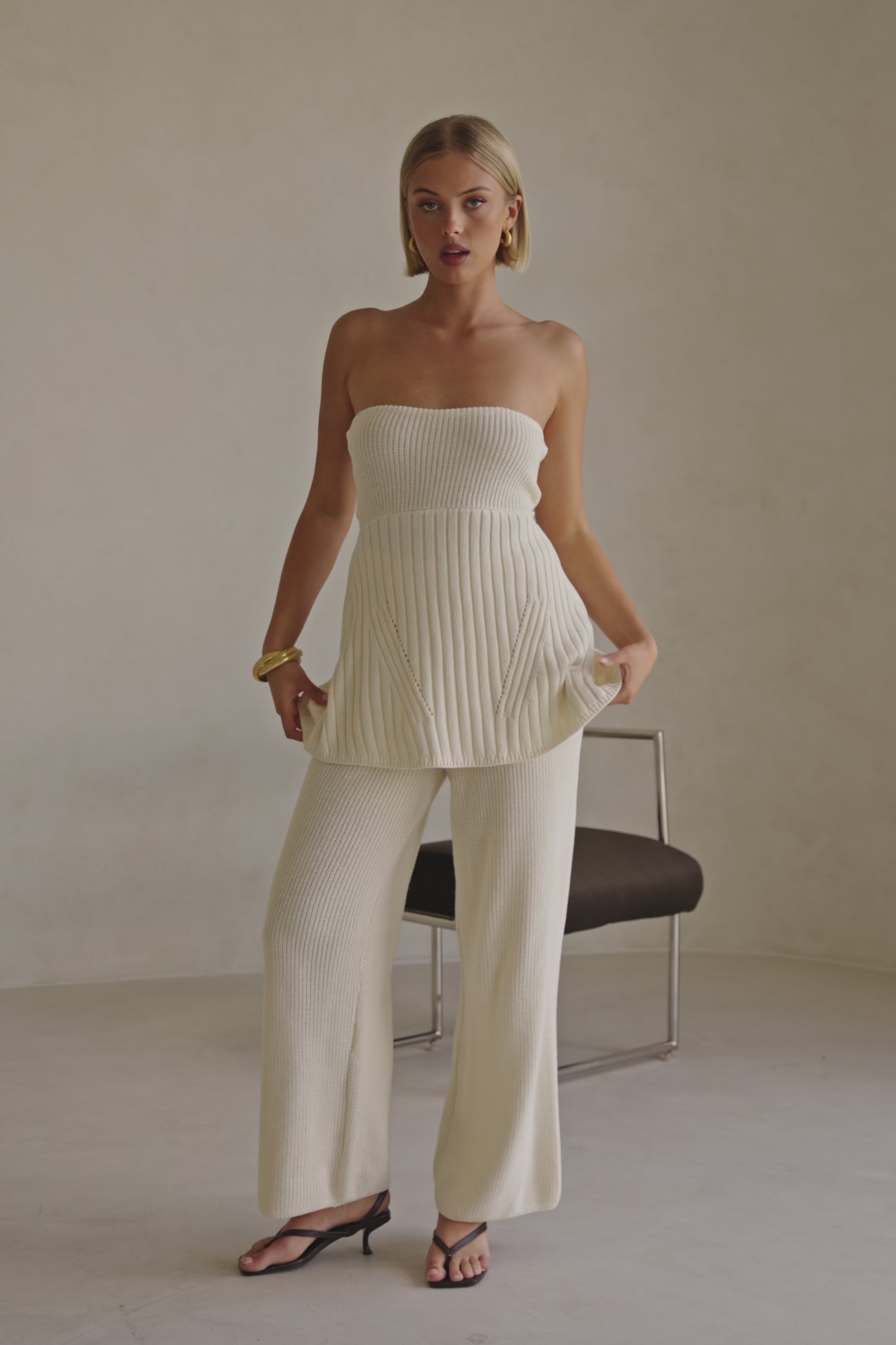 Cream Ribbed Strapless Alice Top