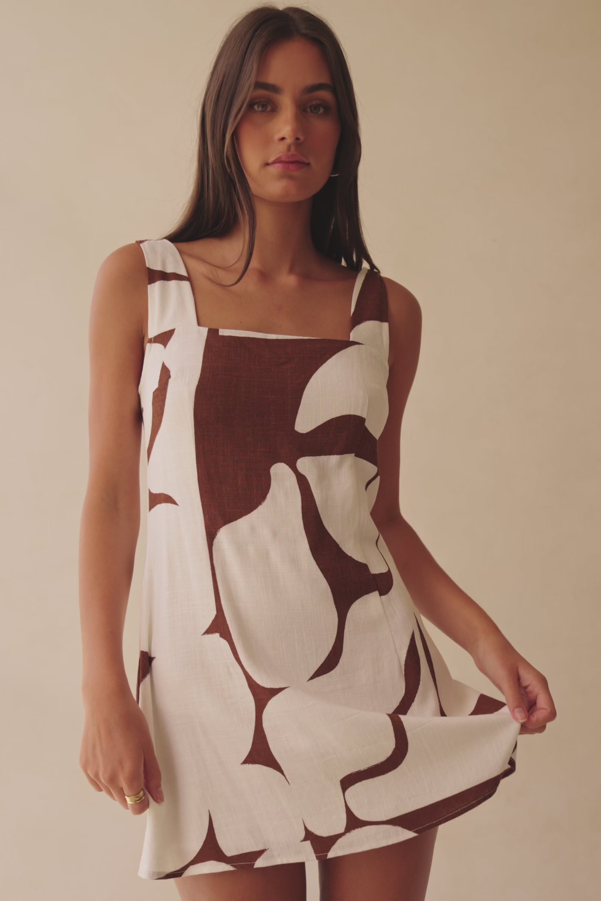 Ellis Thick Strap Cutout Tie Mini Dress - Brown, White Sunroom Chocolate Print