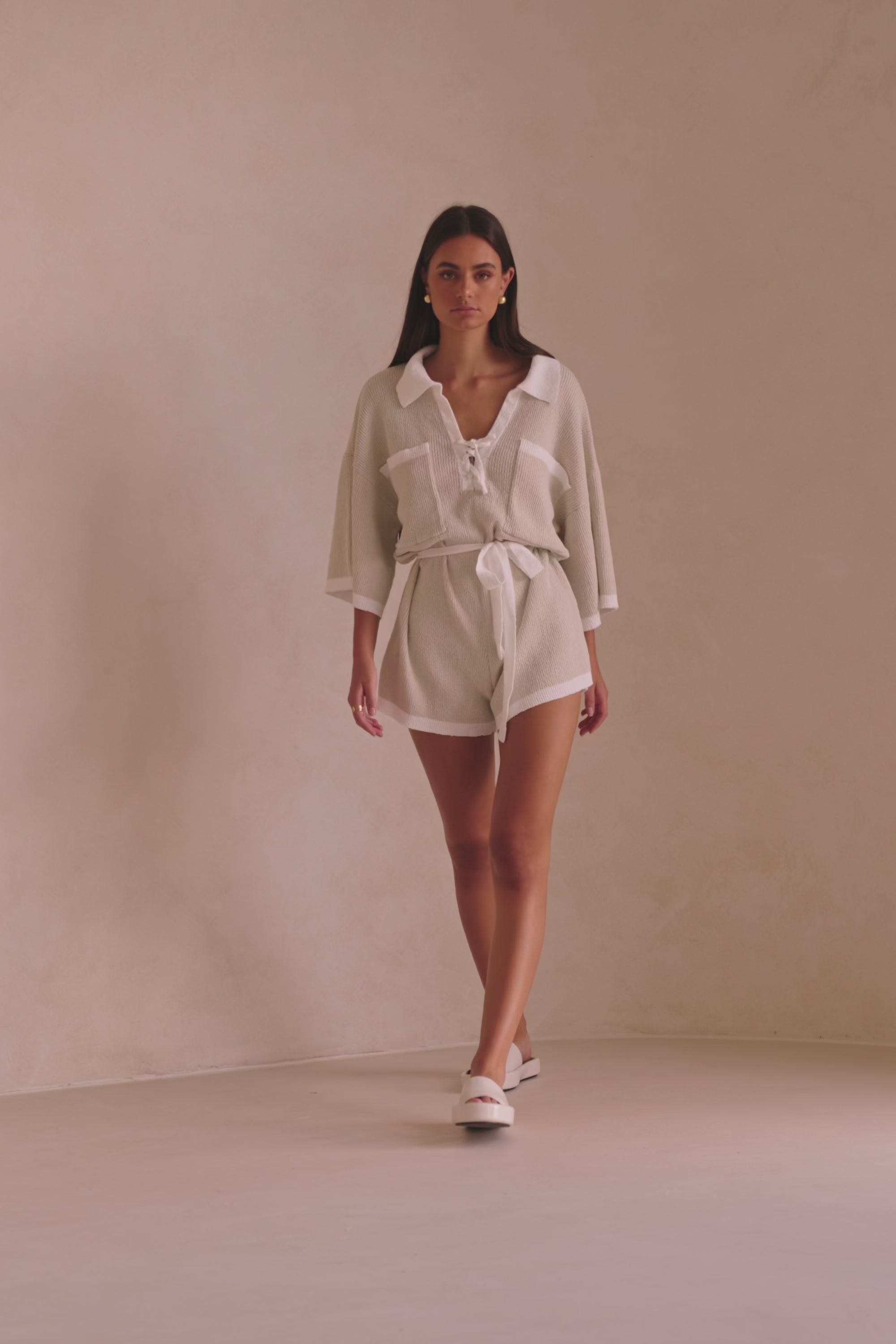 Taupe Grey Collared V Neck Tie Sammi Playsuit
