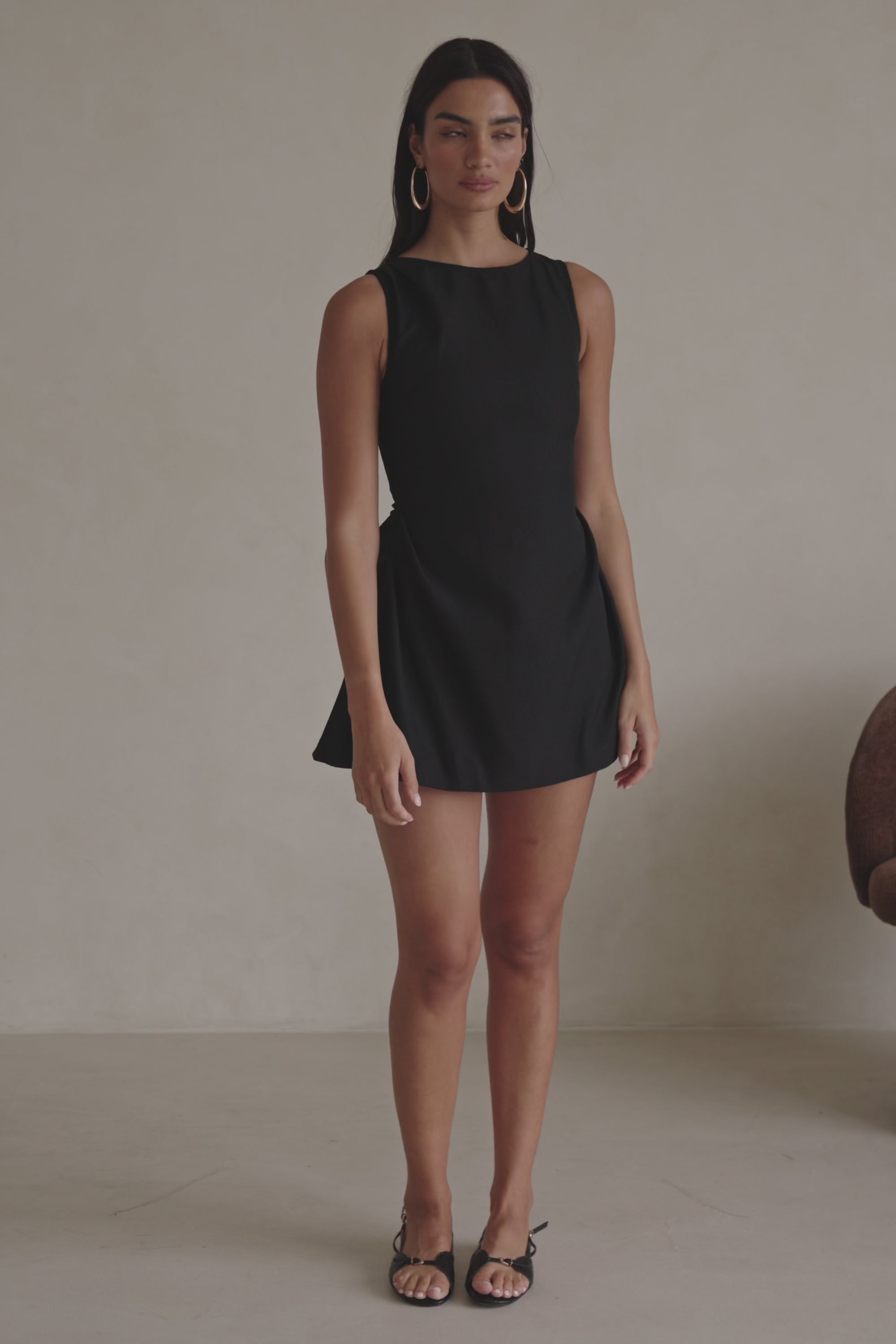 Black Suiting Pleat Mini Camellia Dress