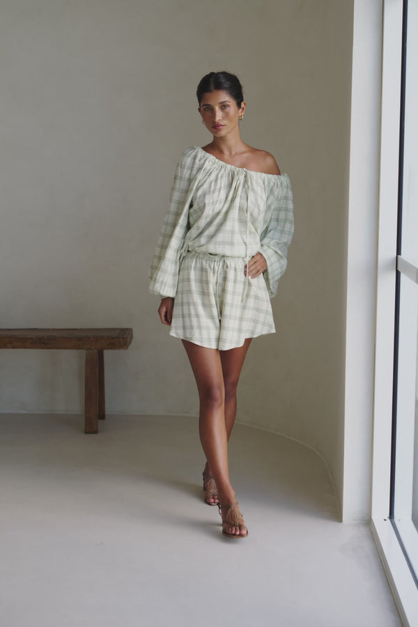 Green Checkered Drawstring Tilli Shorts