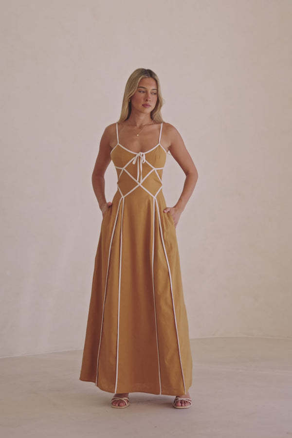 Tan Panel Flouncy Maxi Avala Dress