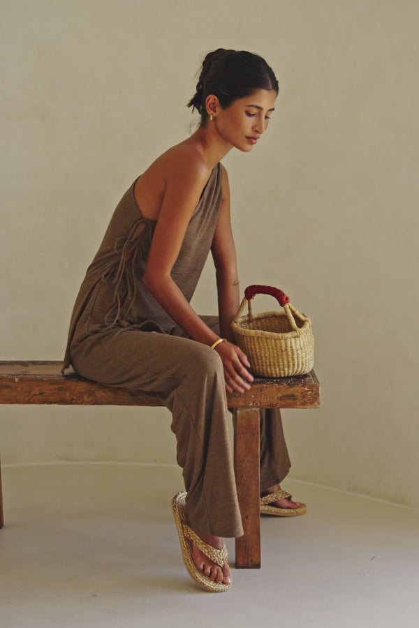 Chocolate Brown One Shoulder Side Tie Zen Top