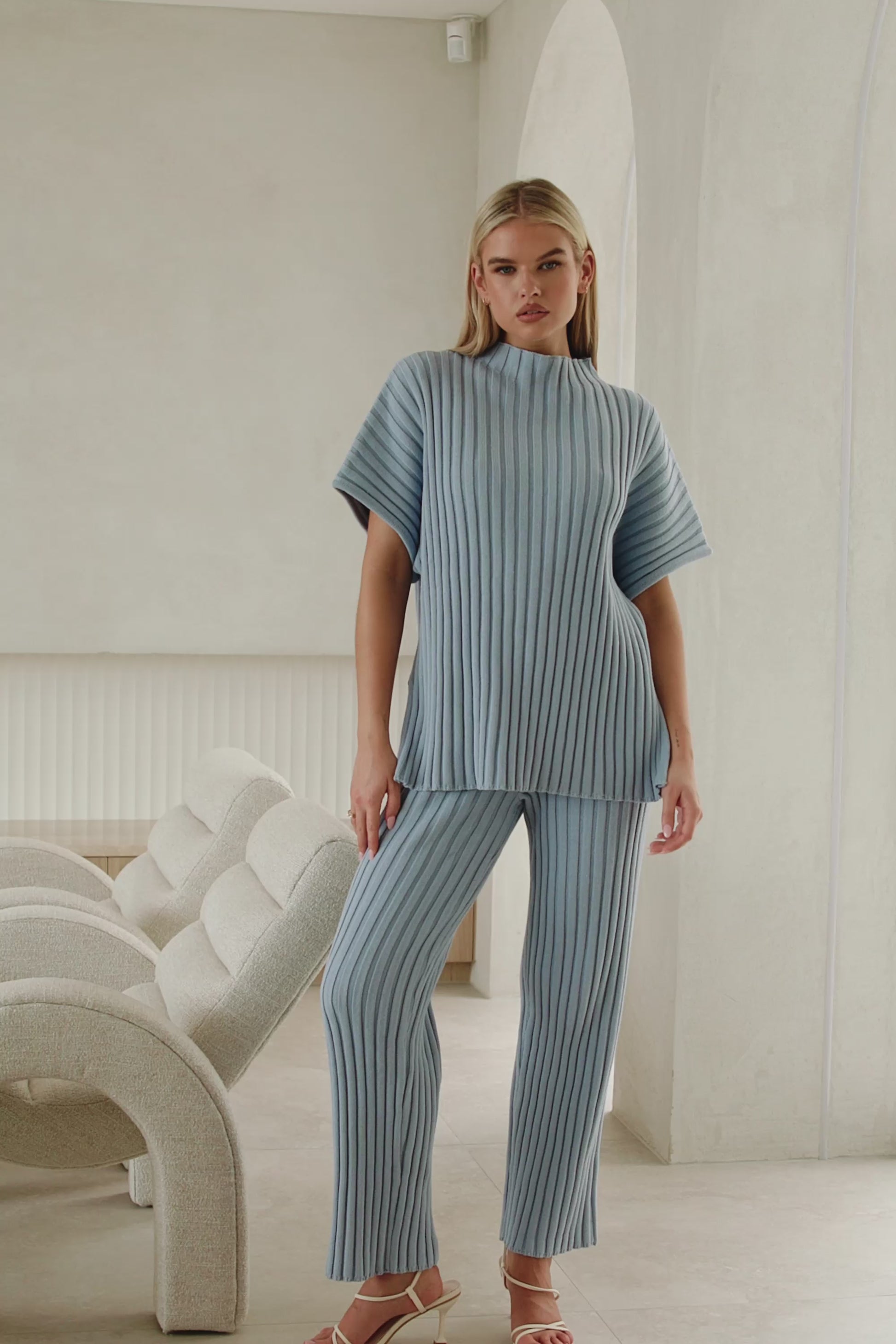 Blue Ribbed Knit High Waist Elastic Celine Pants